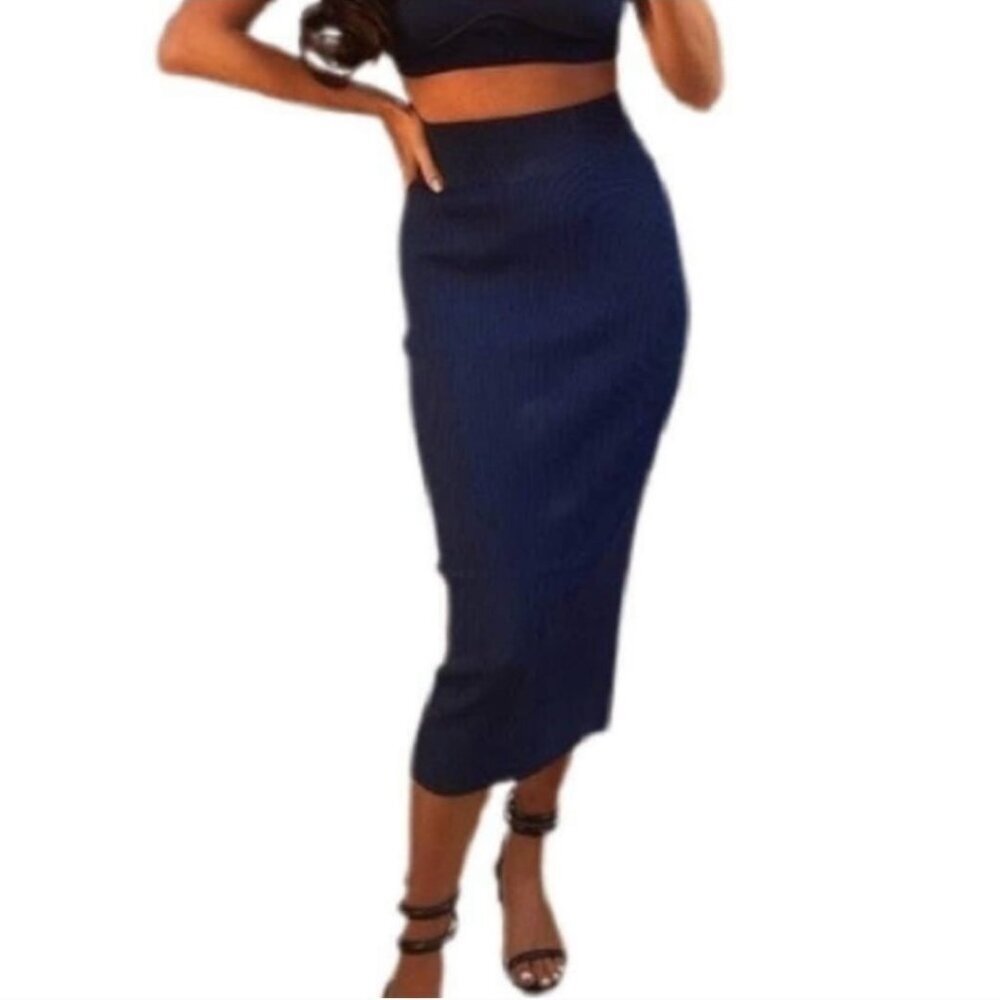 Zara Navy Blue Ribbed Knit Midi Pencil Skirt Size Small